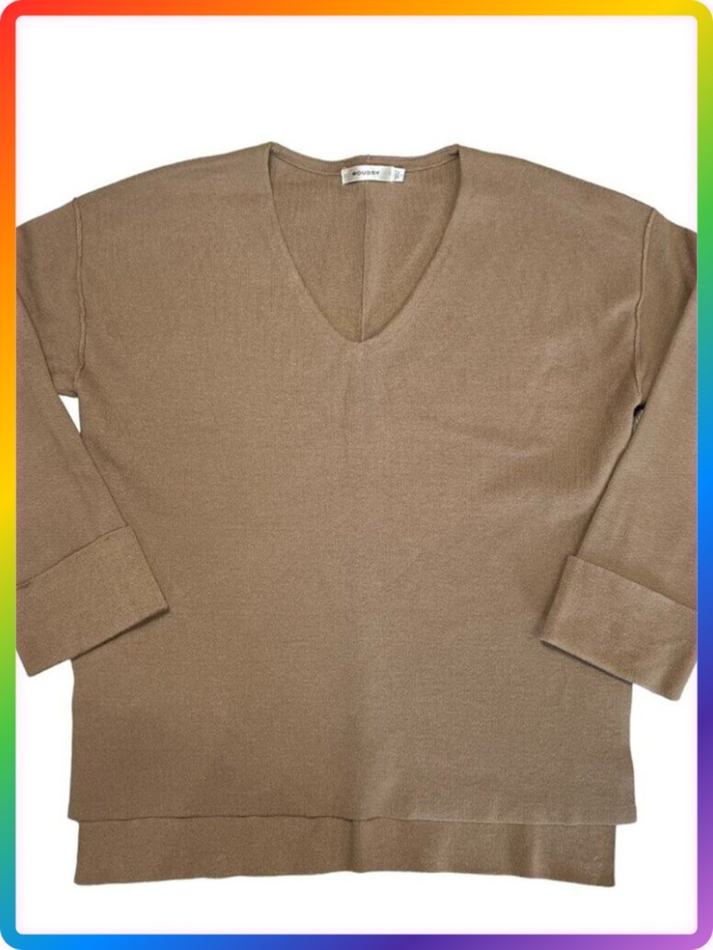 MOUSSY V-Neck Split Hem Sweater SIZE S Brown Oversized Cuffed Knit